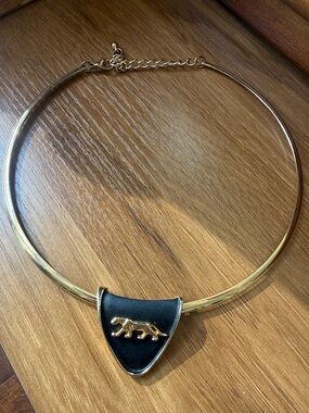 Gold Choker Necklace with Black Pendant and Panther Accent